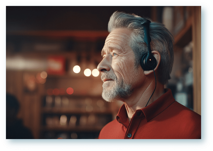 Mature man wearing assistive listening devices for his hearing loss